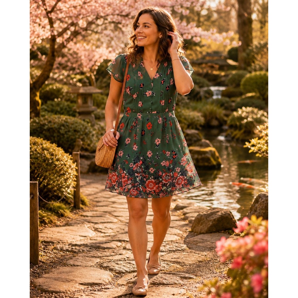ModCloth Oh Say Can Museum A-Line Dress Green Garden Floral Short Sleeve Medium
